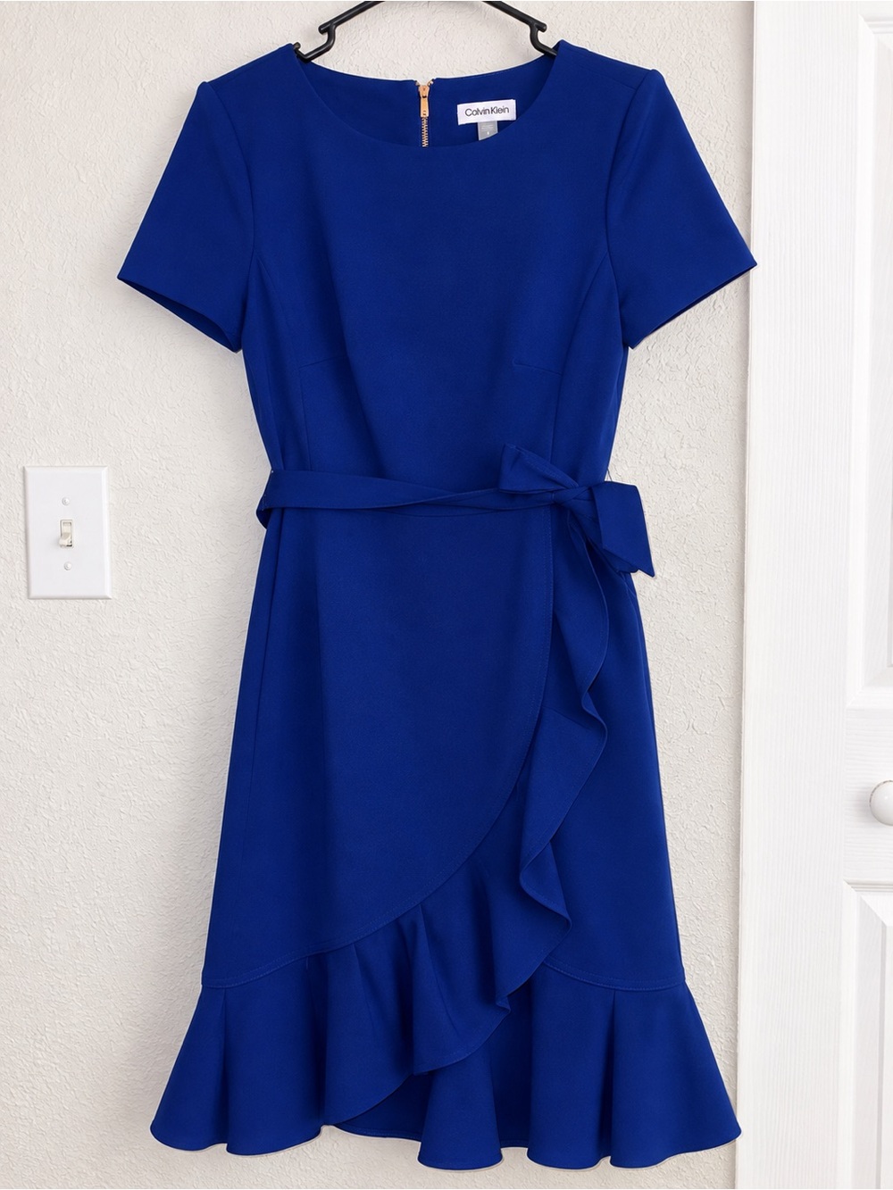 Calvin Klein Cobalt Blue Short-Sleeve Wrap Ruffle Dress